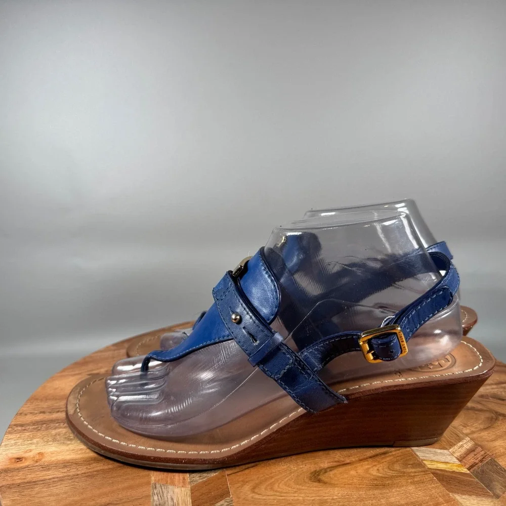 Tory Burch Miller Wedge Thong Sandals‎ Blue Leather Gold Logo Size 9M